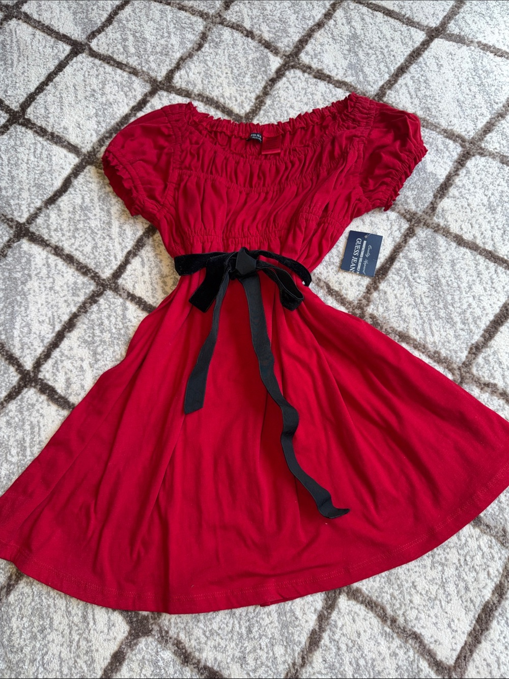 Guess Girls Red Fit-and-Flare Dress with Black Waist Tie